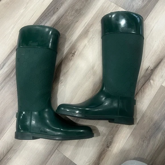 GUCCI Green Monogram GG Supreme Rain Boots Knee Calf High sz. 36 - Picture 3 of 15